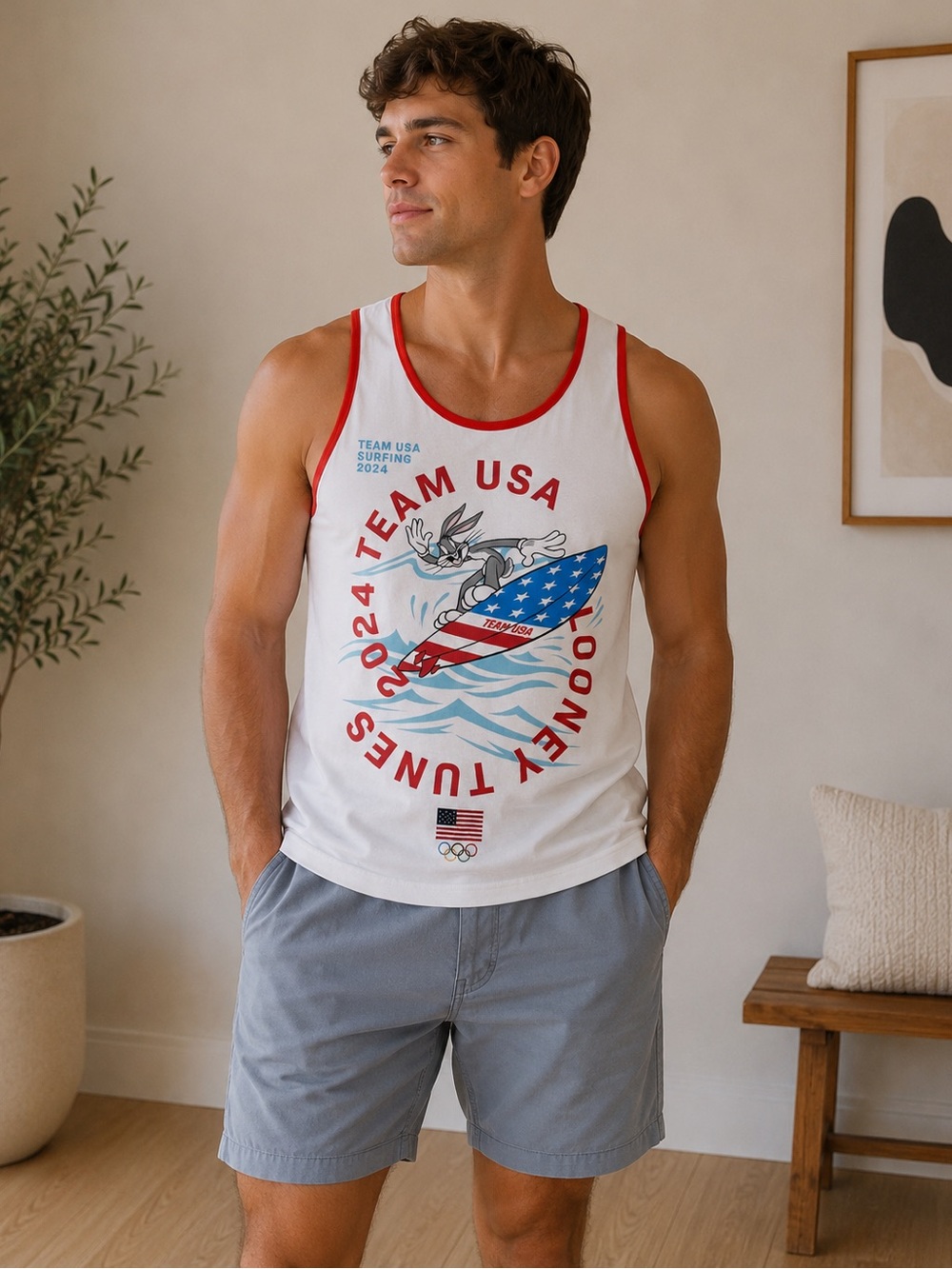 LOONEY TUNES Team USA White & Red Surf Graphic Tank Top